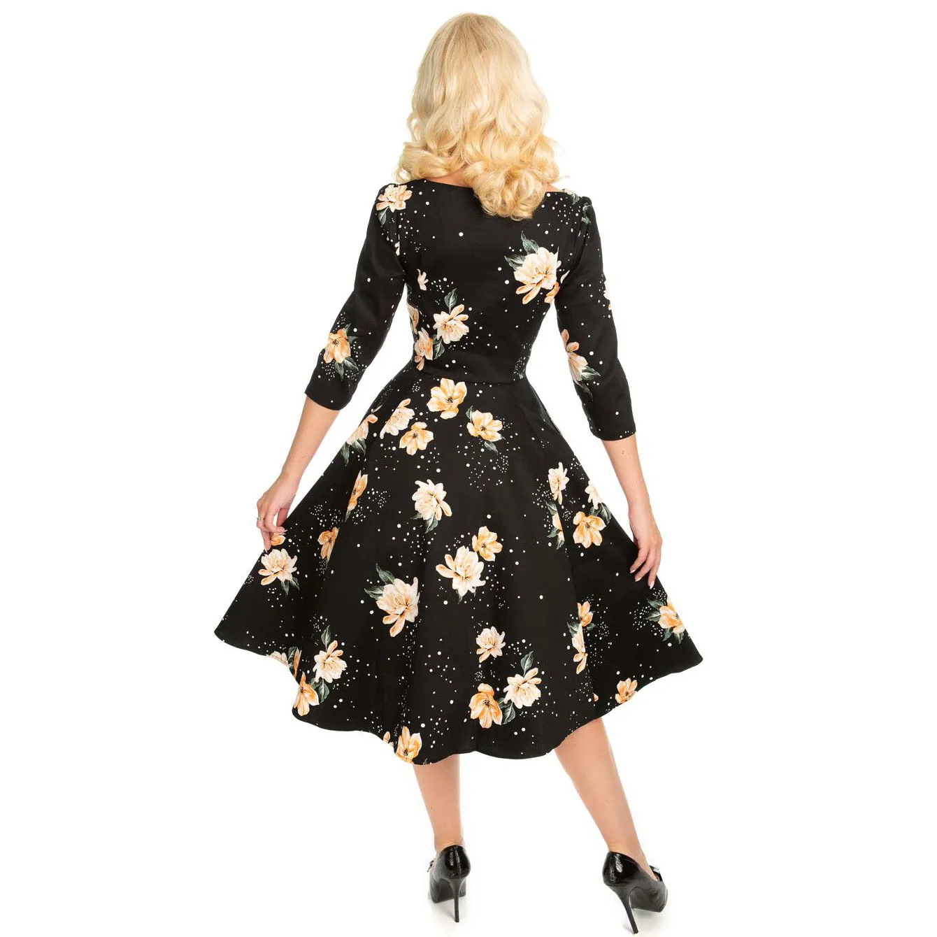 Black Floral Stardust 3/4 Sleeve Vintage Swing Dress