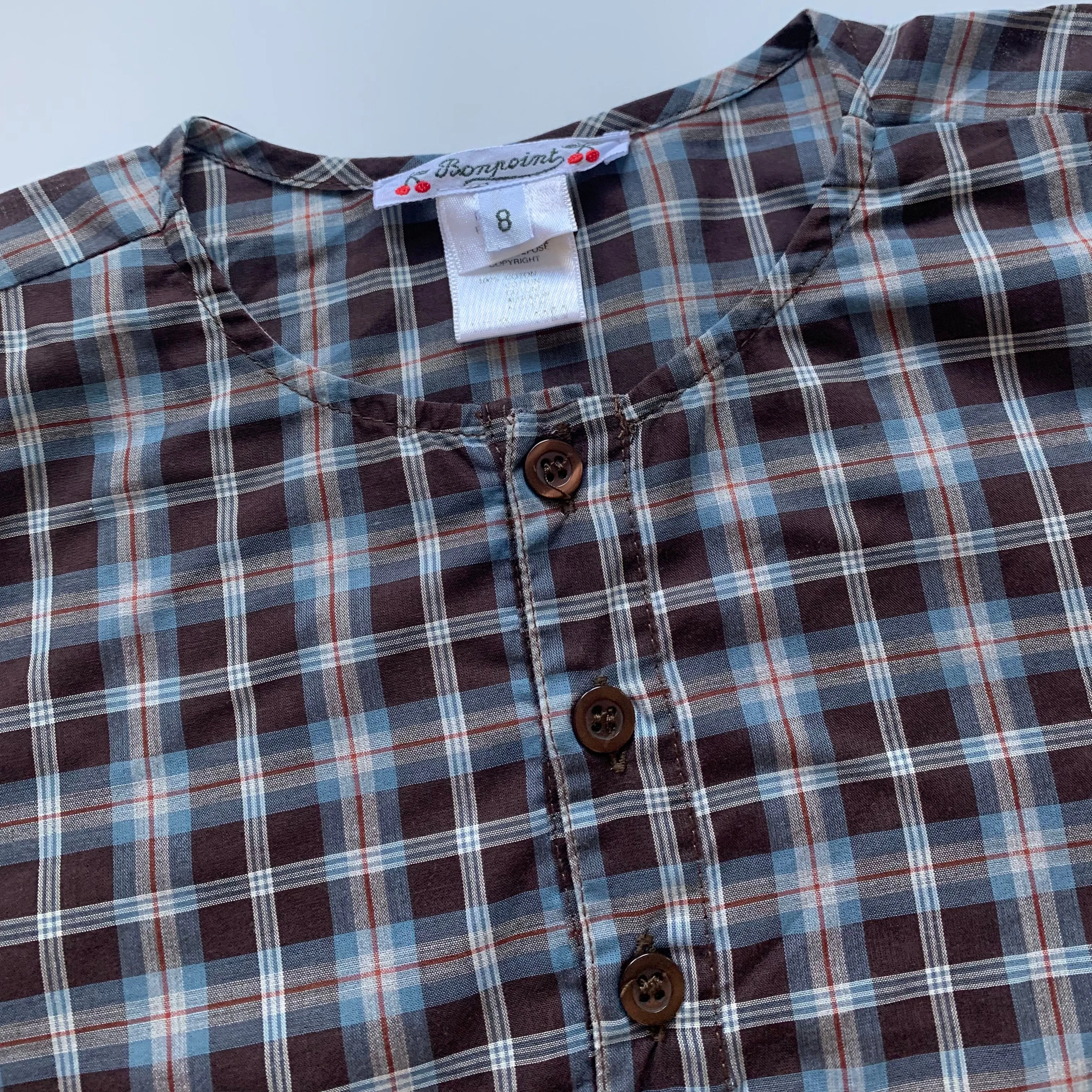 Bonpoint Brown Check Collarless Shirt: 8 Years