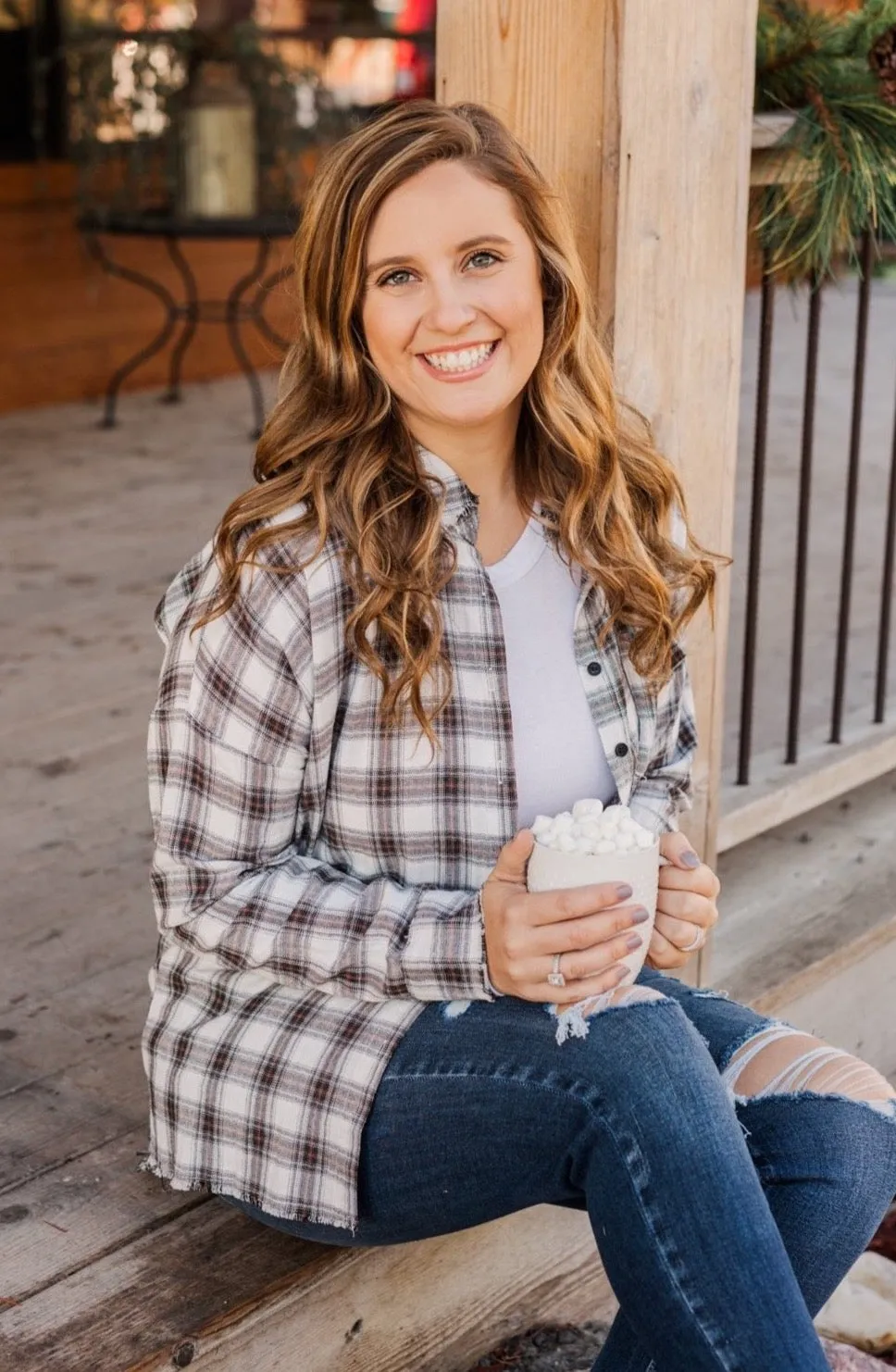 Catching Snowflakes Button Plaid Top- Ivory