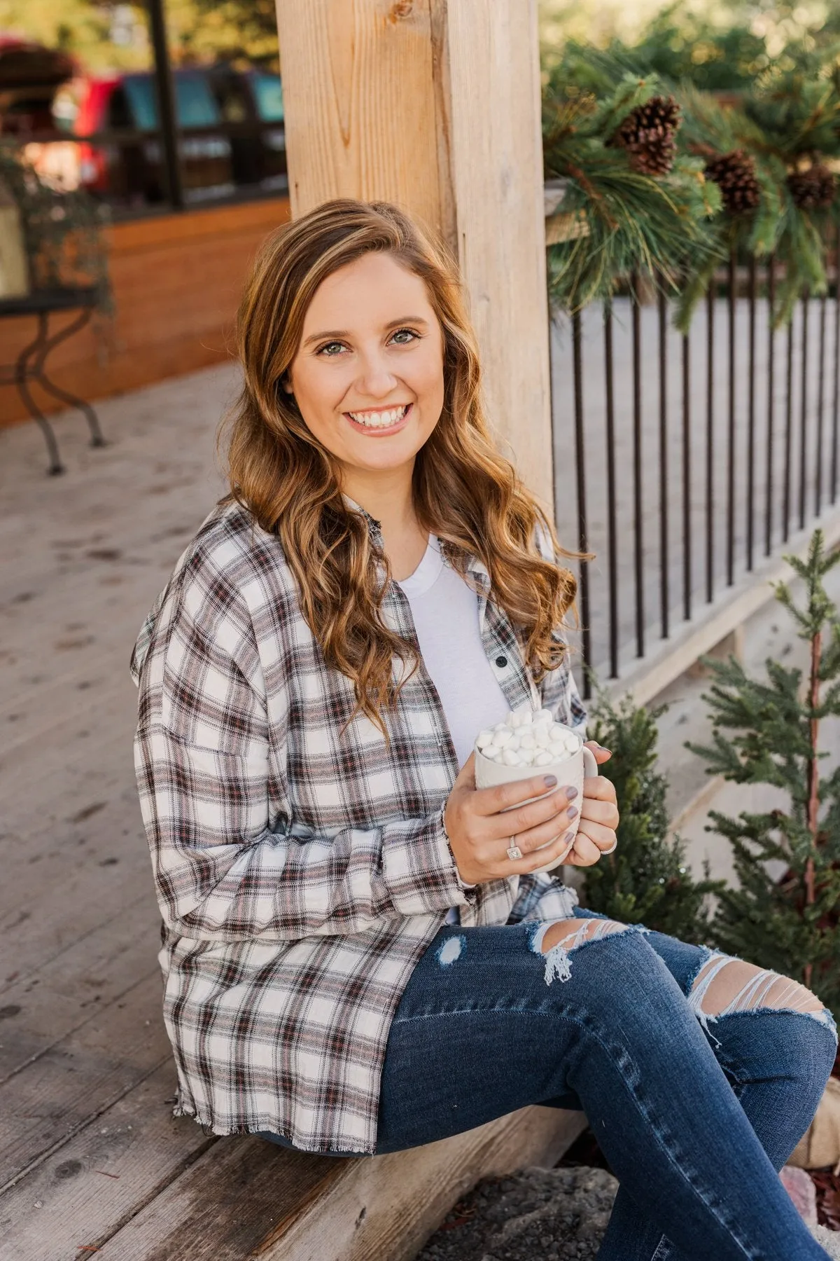 Catching Snowflakes Button Plaid Top- Ivory