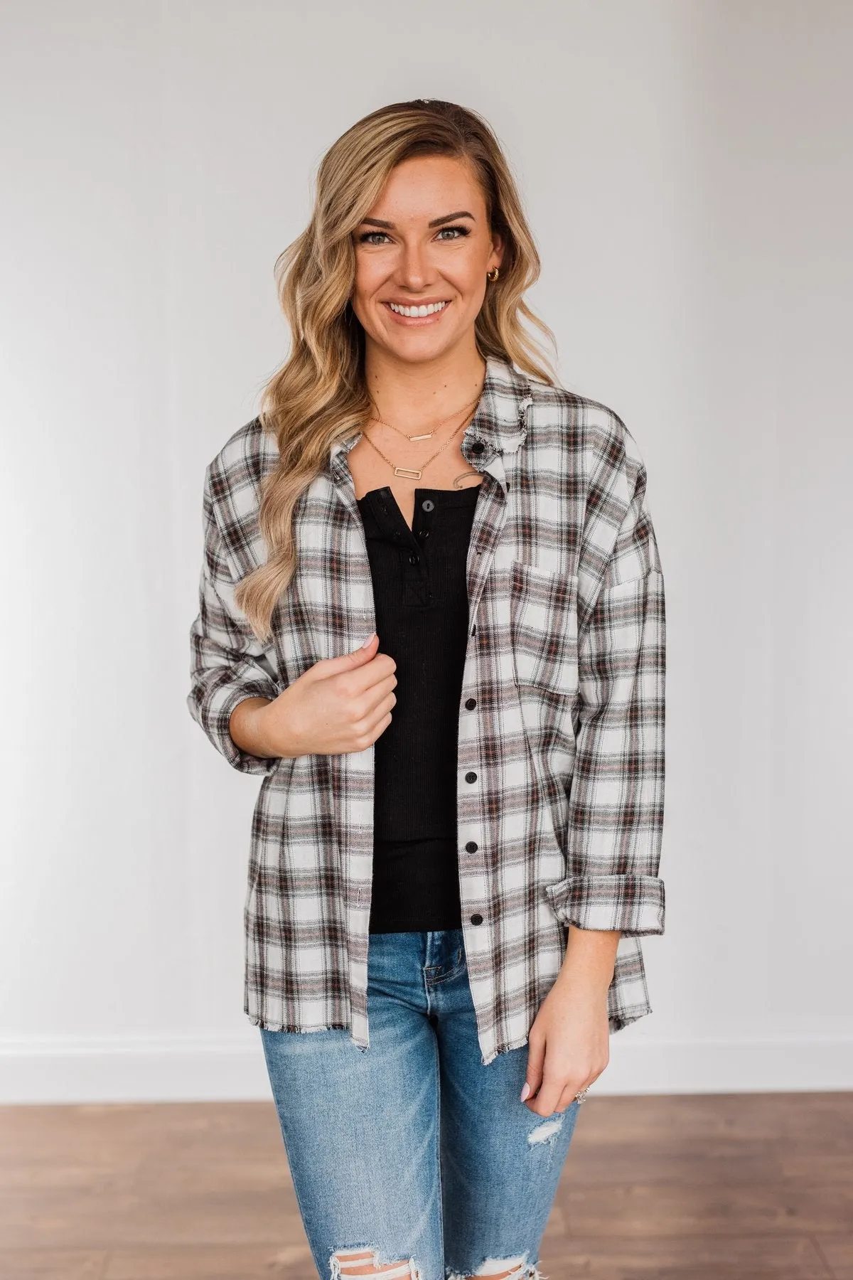 Catching Snowflakes Button Plaid Top- Ivory