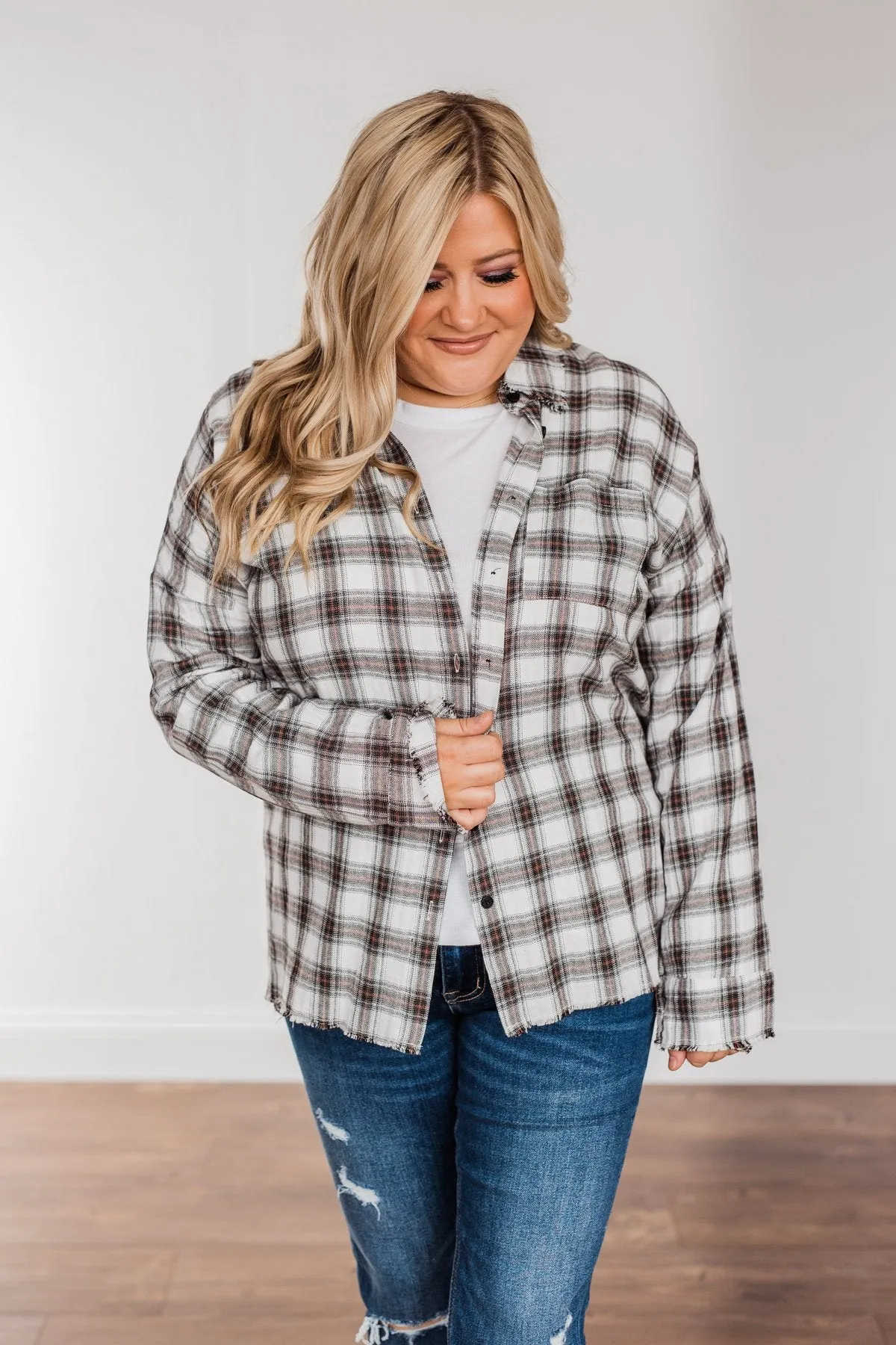 Catching Snowflakes Button Plaid Top- Ivory