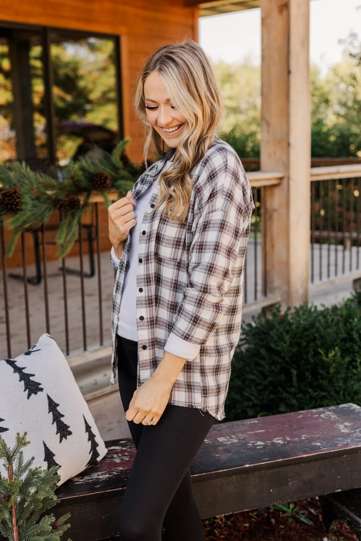 Catching Snowflakes Button Plaid Top- Ivory