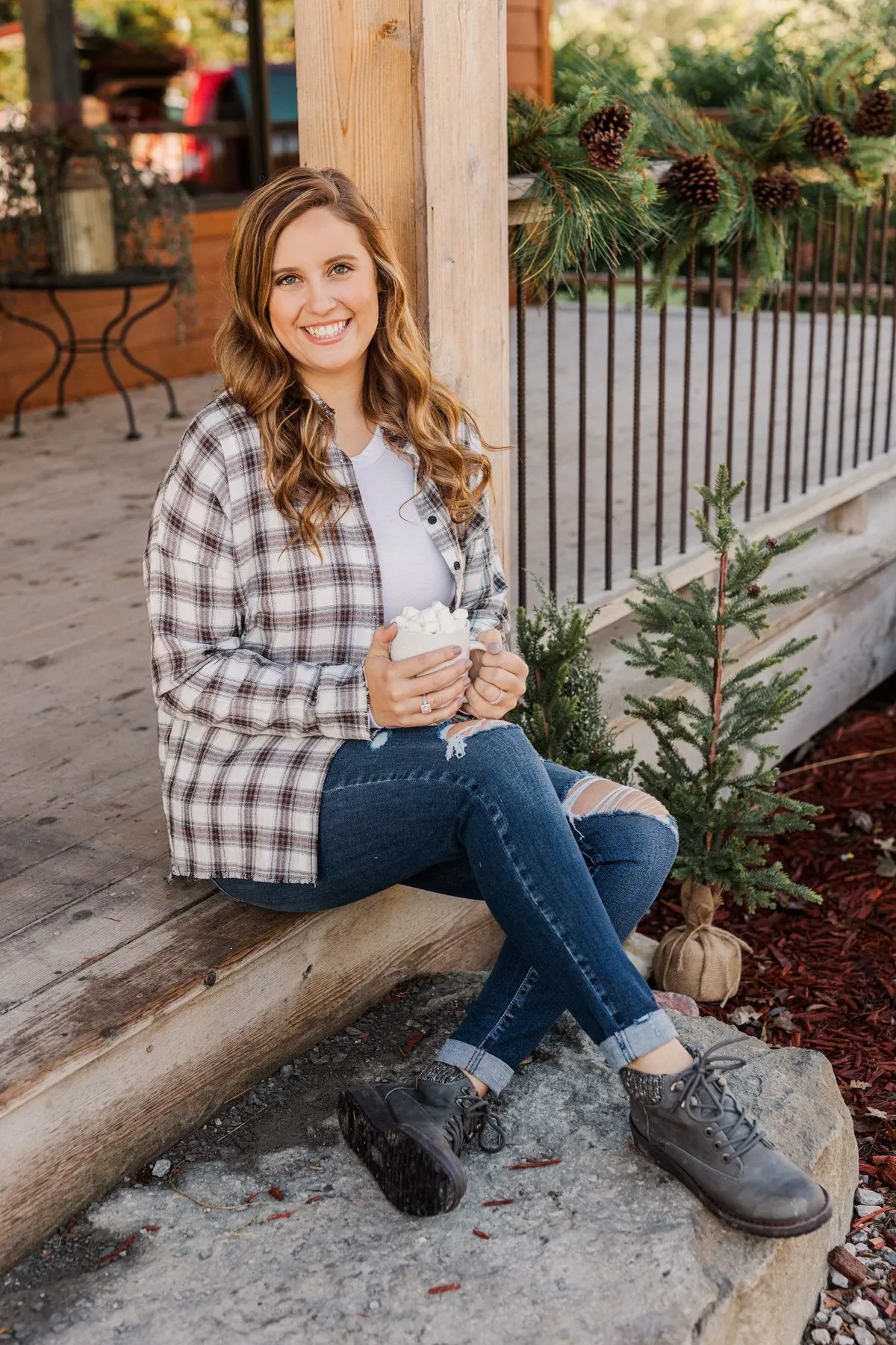 Catching Snowflakes Button Plaid Top- Ivory