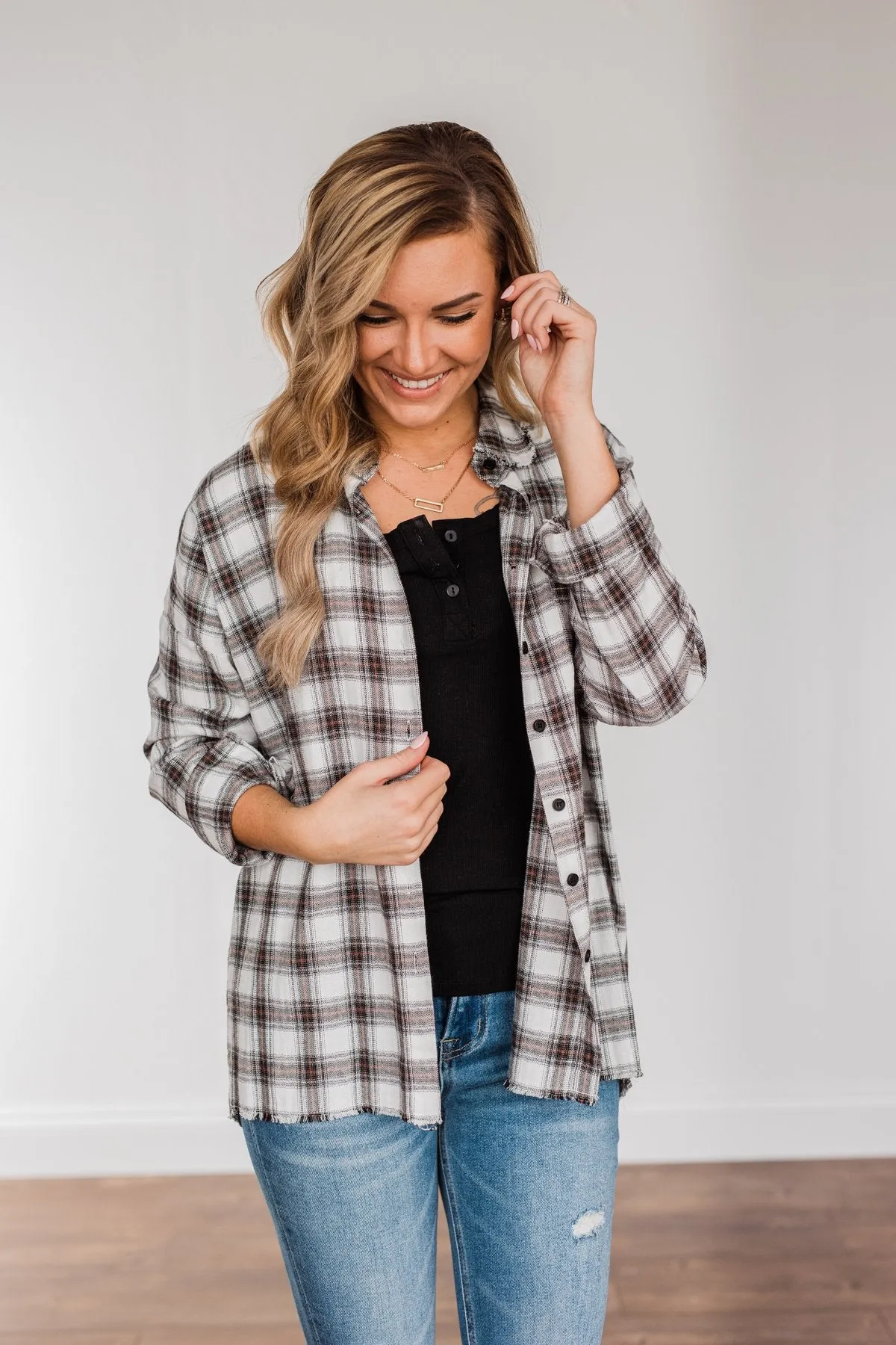 Catching Snowflakes Button Plaid Top- Ivory