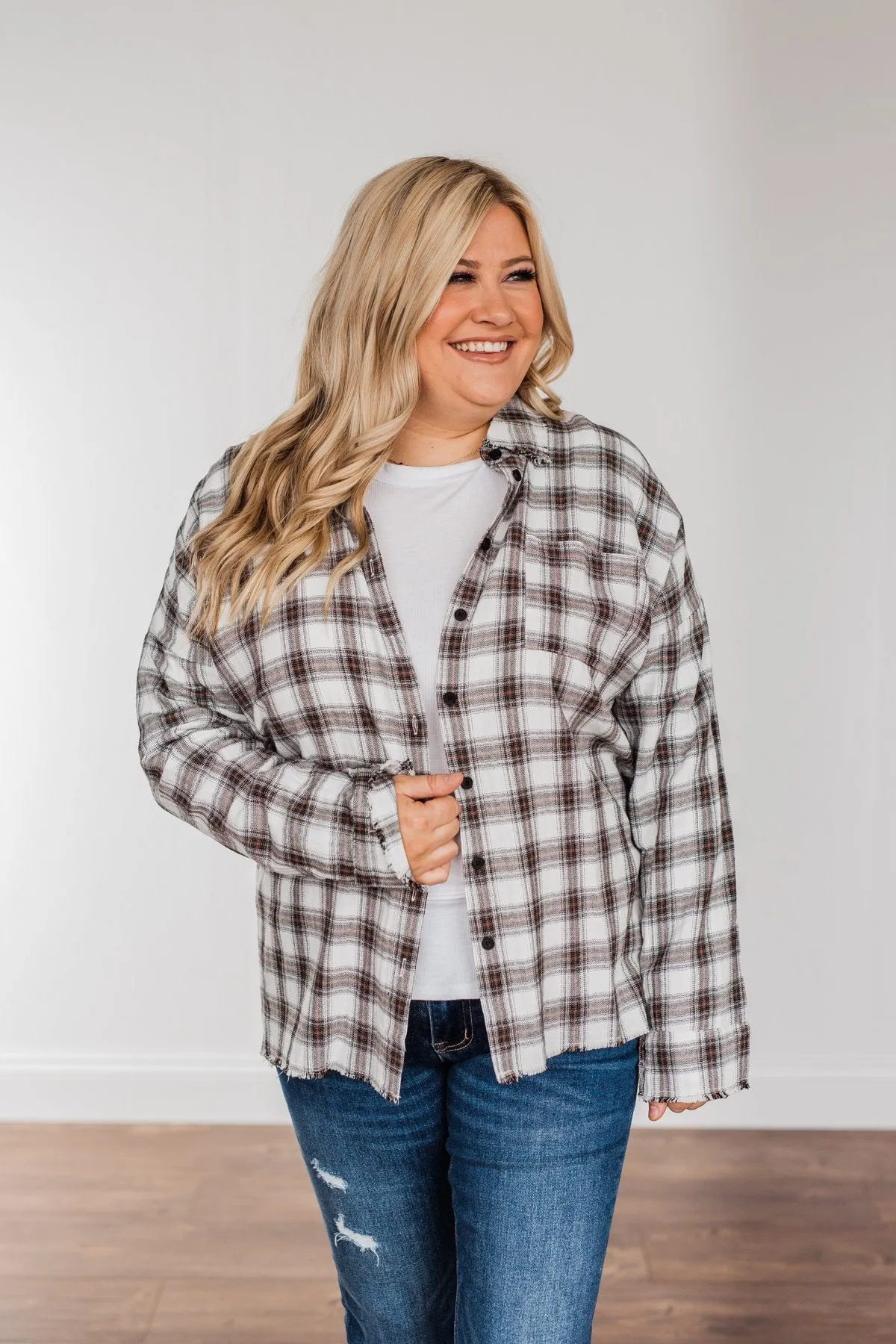 Catching Snowflakes Button Plaid Top- Ivory