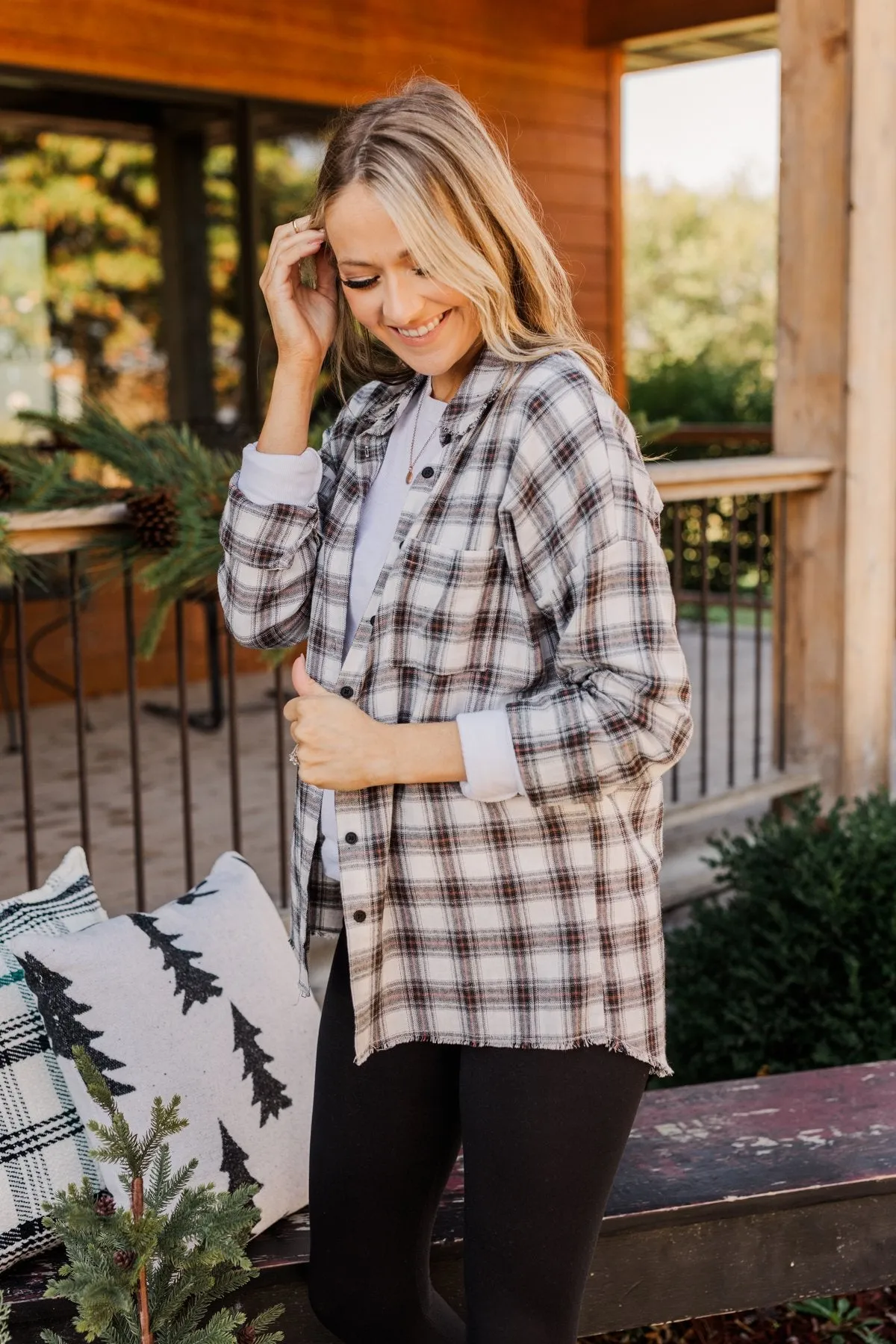 Catching Snowflakes Button Plaid Top- Ivory