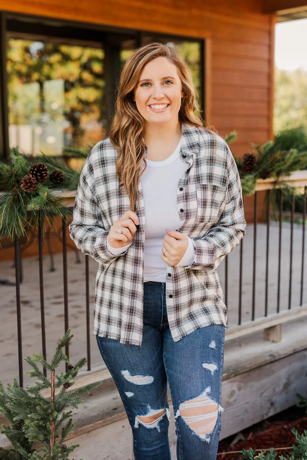 Catching Snowflakes Button Plaid Top- Ivory