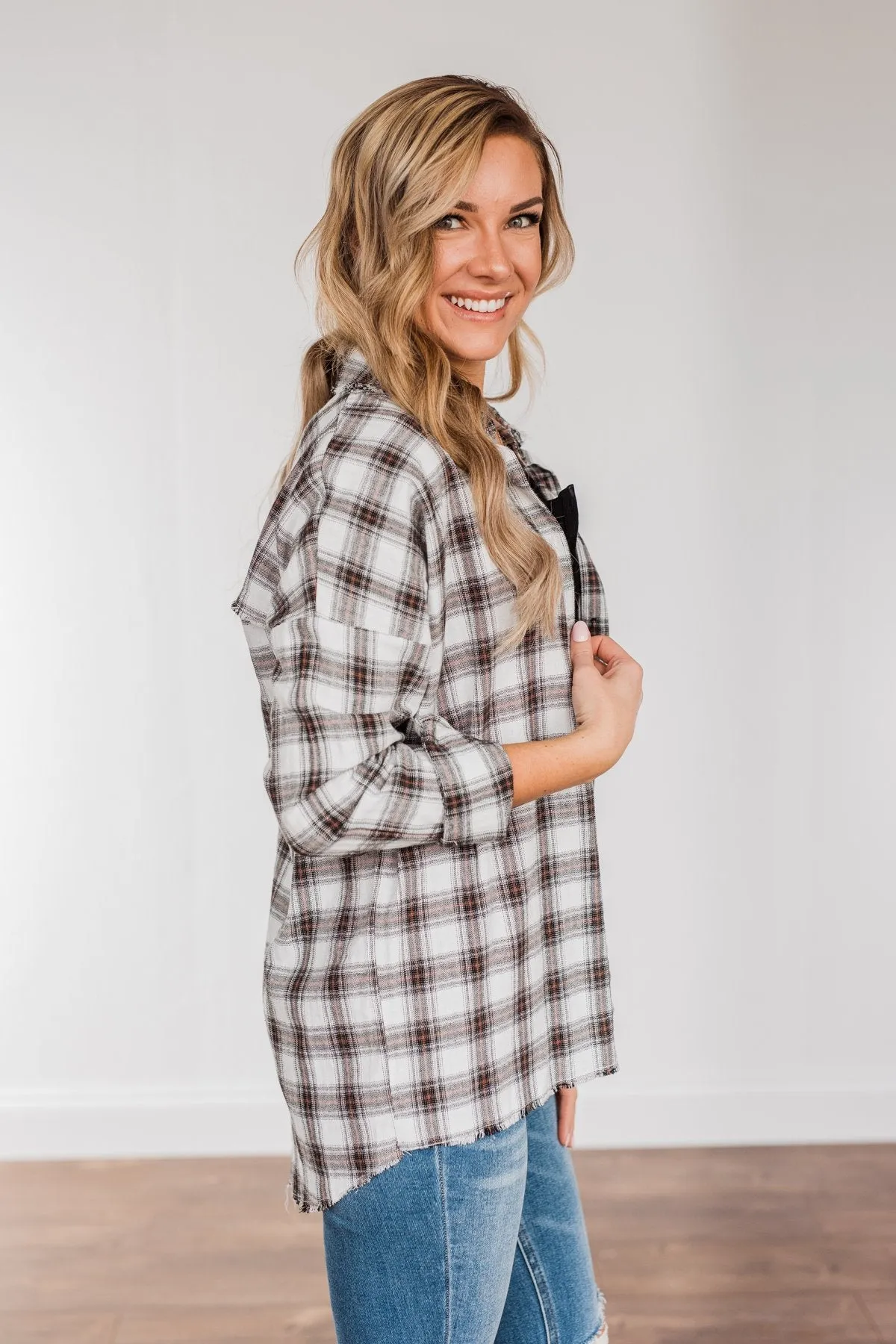 Catching Snowflakes Button Plaid Top- Ivory