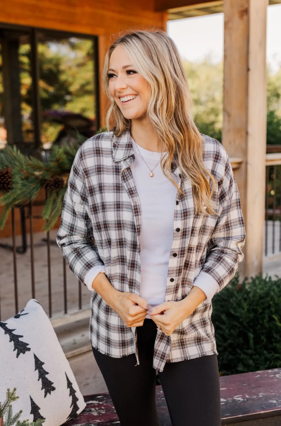 Catching Snowflakes Button Plaid Top- Ivory