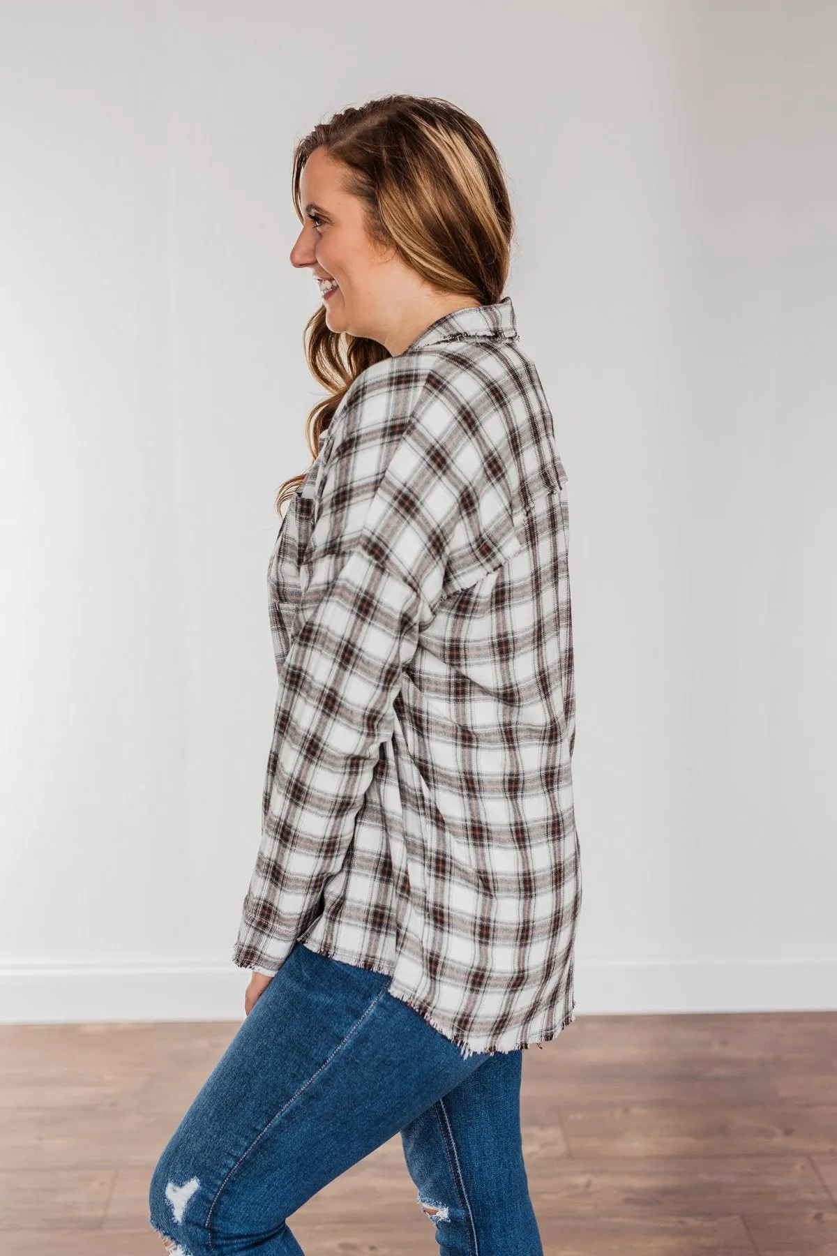 Catching Snowflakes Button Plaid Top- Ivory