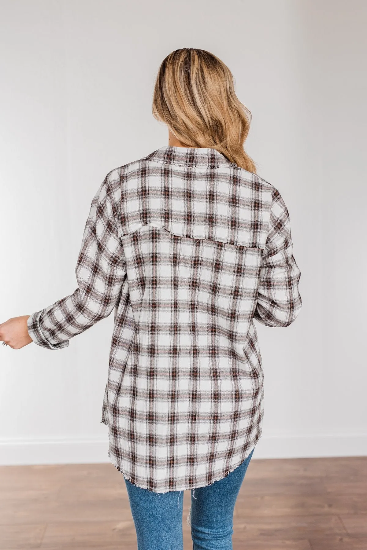 Catching Snowflakes Button Plaid Top- Ivory