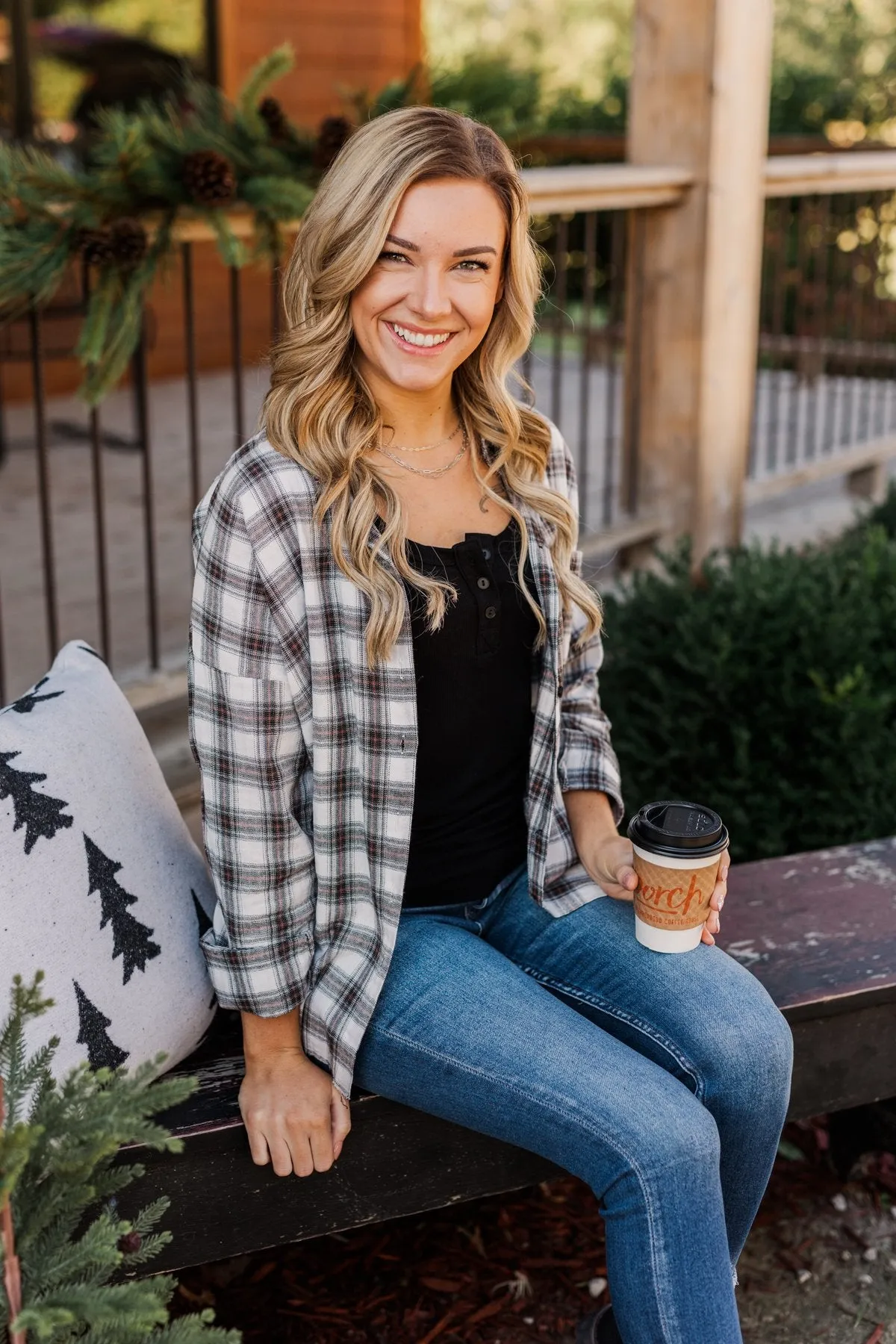 Catching Snowflakes Button Plaid Top- Ivory