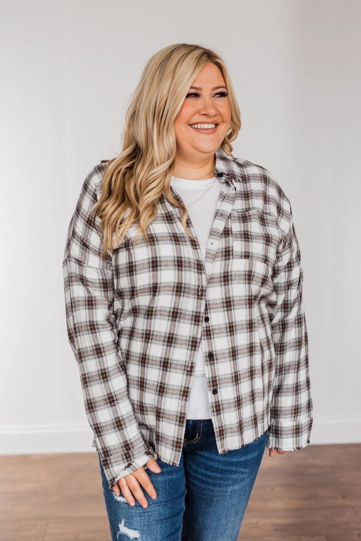 Catching Snowflakes Button Plaid Top- Ivory