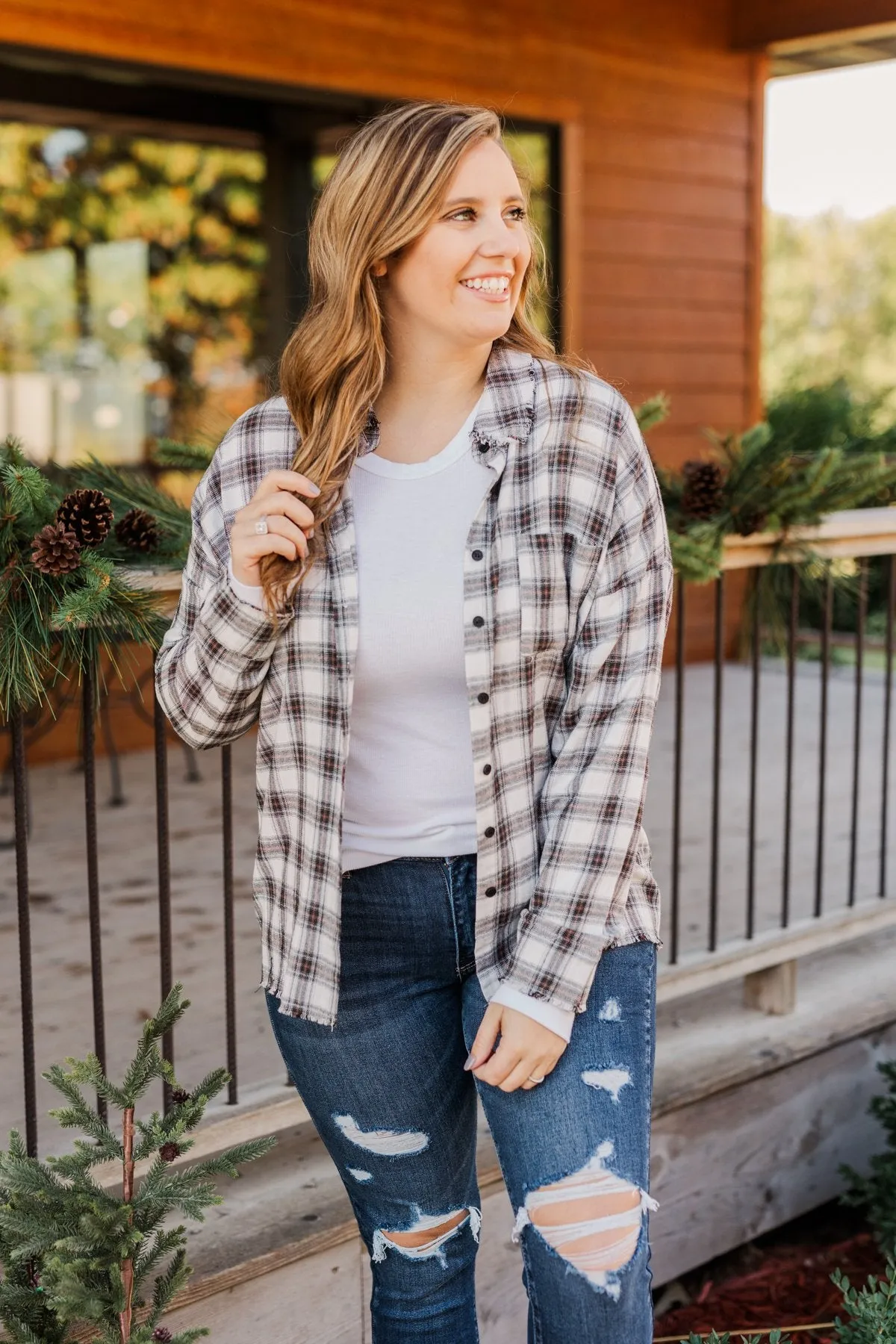 Catching Snowflakes Button Plaid Top- Ivory