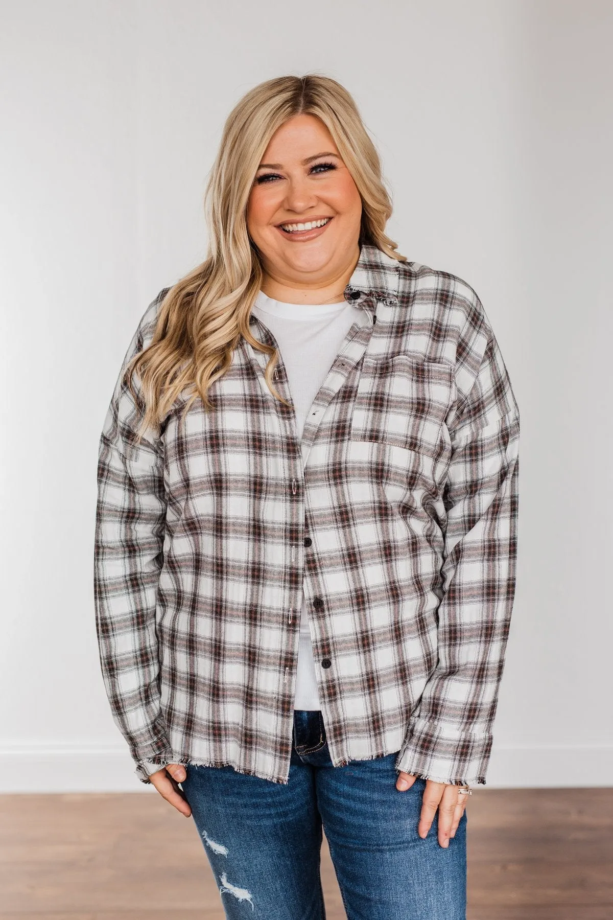 Catching Snowflakes Button Plaid Top- Ivory