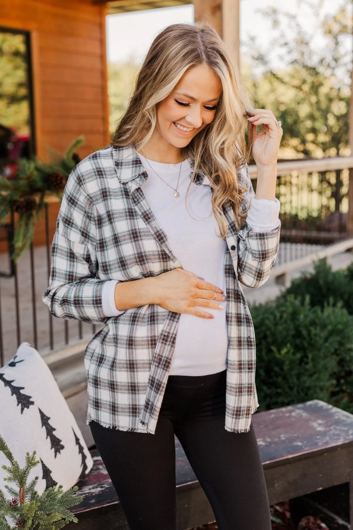 Catching Snowflakes Button Plaid Top- Ivory