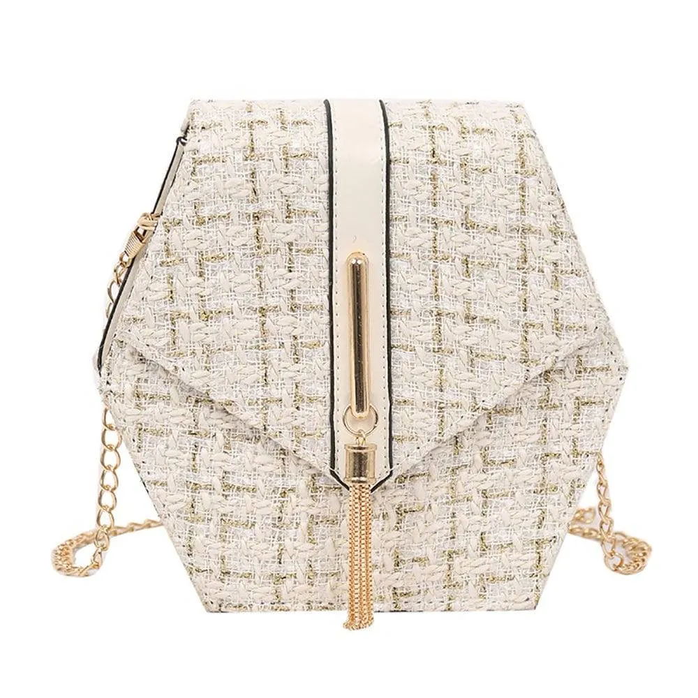 Geometrical Tweed Flap Bag With Gold Tassel