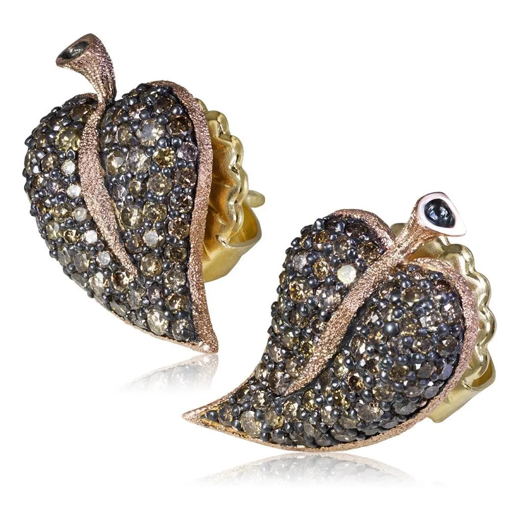 Gold Leaf Stud Earrings with Champagne Diamonds