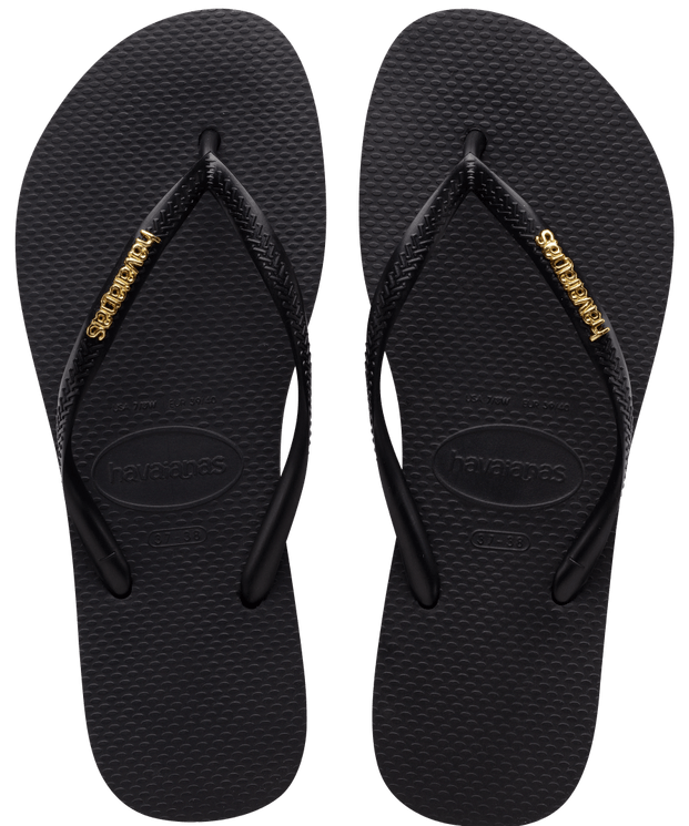 Havaianas Slim Logo Metallic Flip Flops - Black/Golden