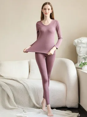 Home Wear Sets Thermal Underwear Black Winter Jewel Neck Long Sleeves Casual Indoor Tops And Pants