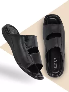 Men Black Leather Outdoor Lightweight Cushioned Slip On Slippers