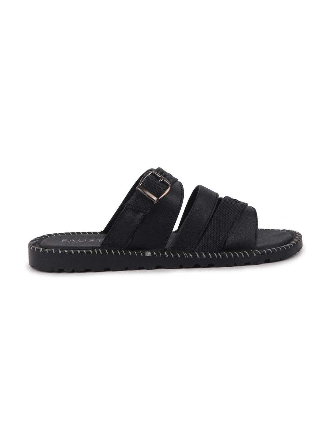 Men Black Slip On TPR Sole Side Stitch Outdoor & Indoor Slippers