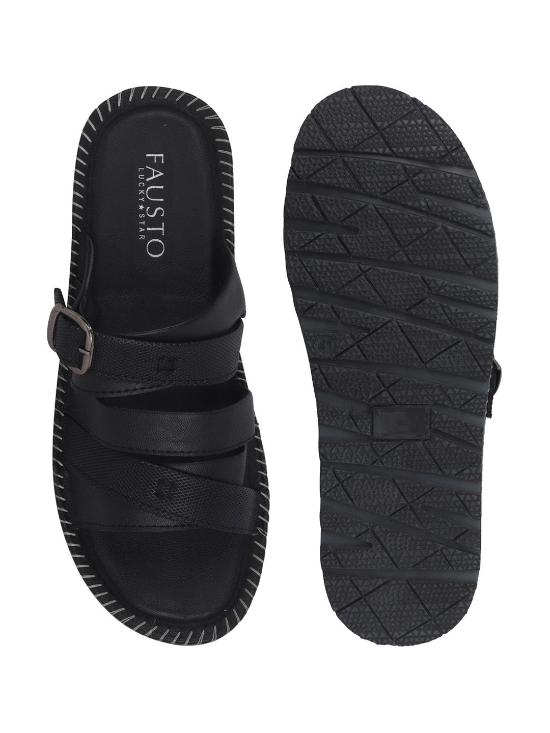 Men Black Slip On TPR Sole Side Stitch Outdoor & Indoor Slippers