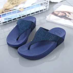 Navy Blue Summer Crystal Diamond Gem Flat Slippers for Women