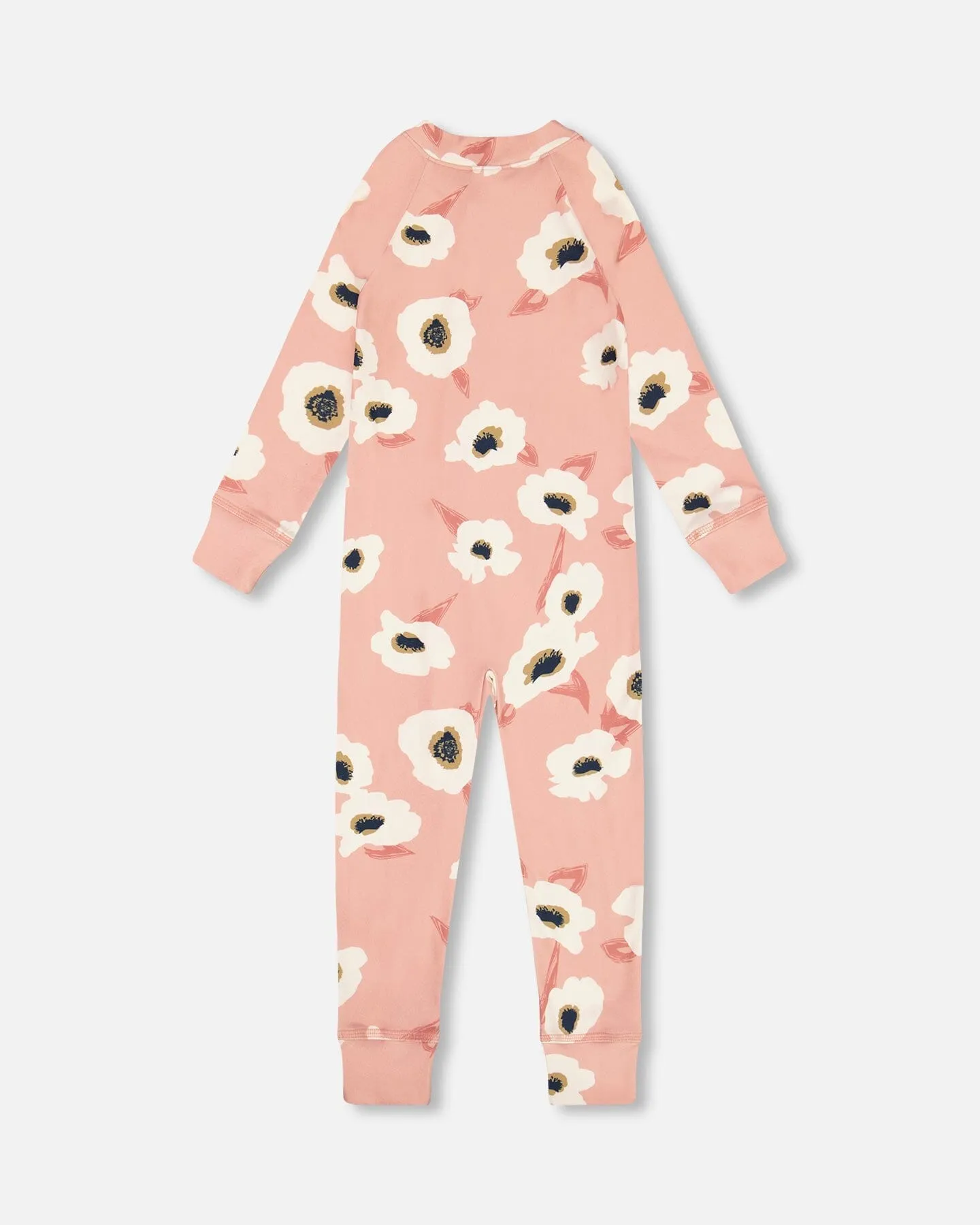 One Piece Thermal Underwear Pink Printed Off White Flowers