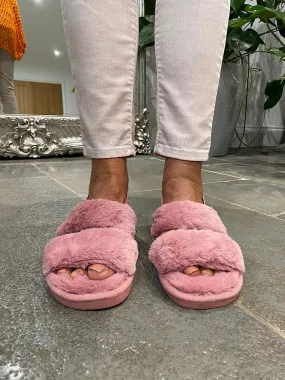 Pink Fluffy Strap Slippers