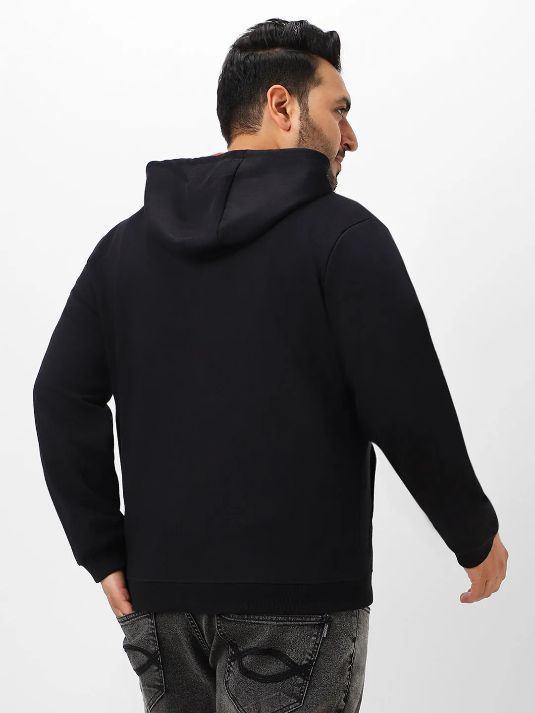 Plus Men's Black Solid Cotton Zippered Hooded Casual Winterwear Sweatshirt