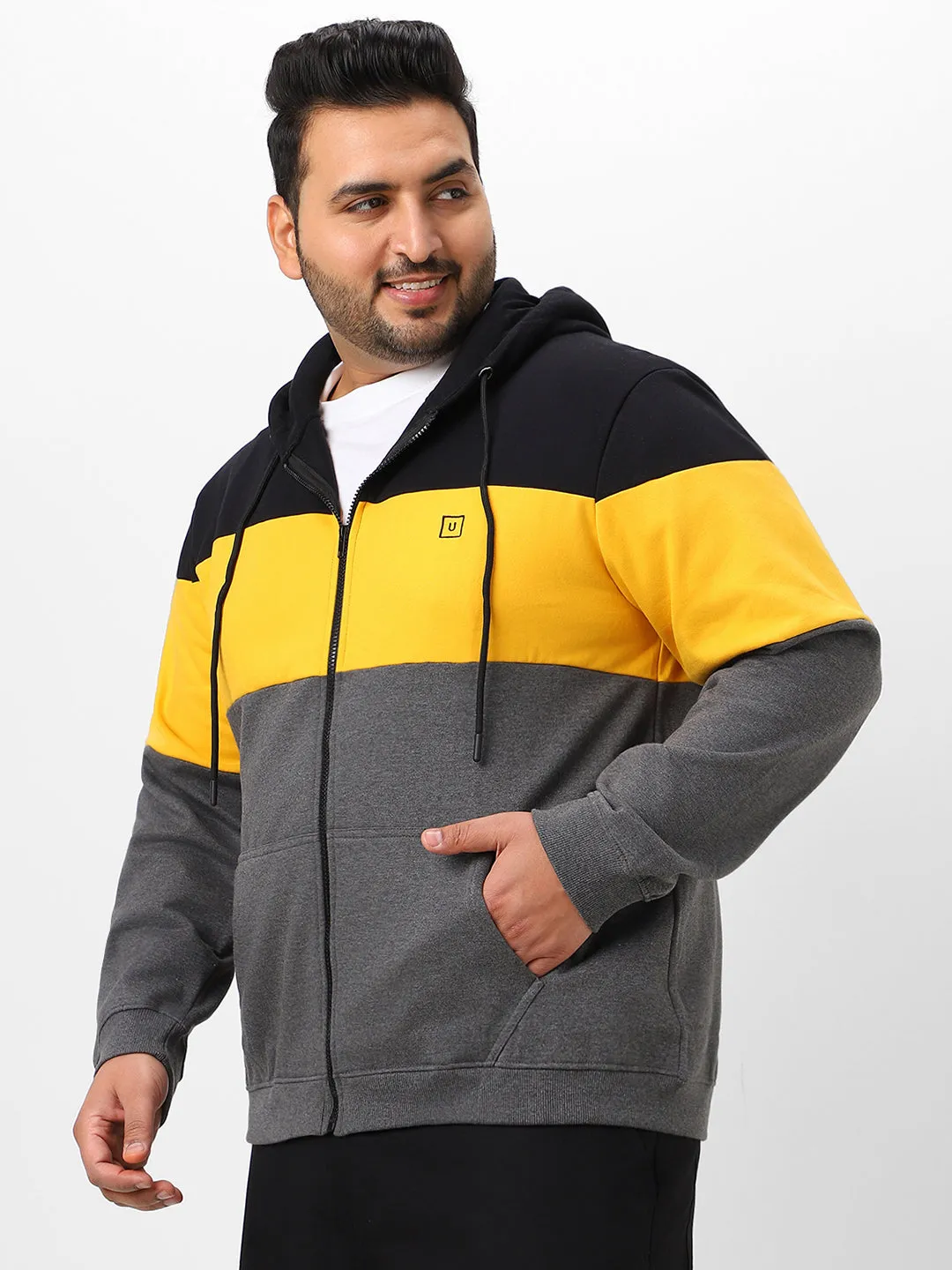 Plus Men's Black, Yellow, Charcoal Cotton Zippered Hooded Casual Winterwear Sweatshirt