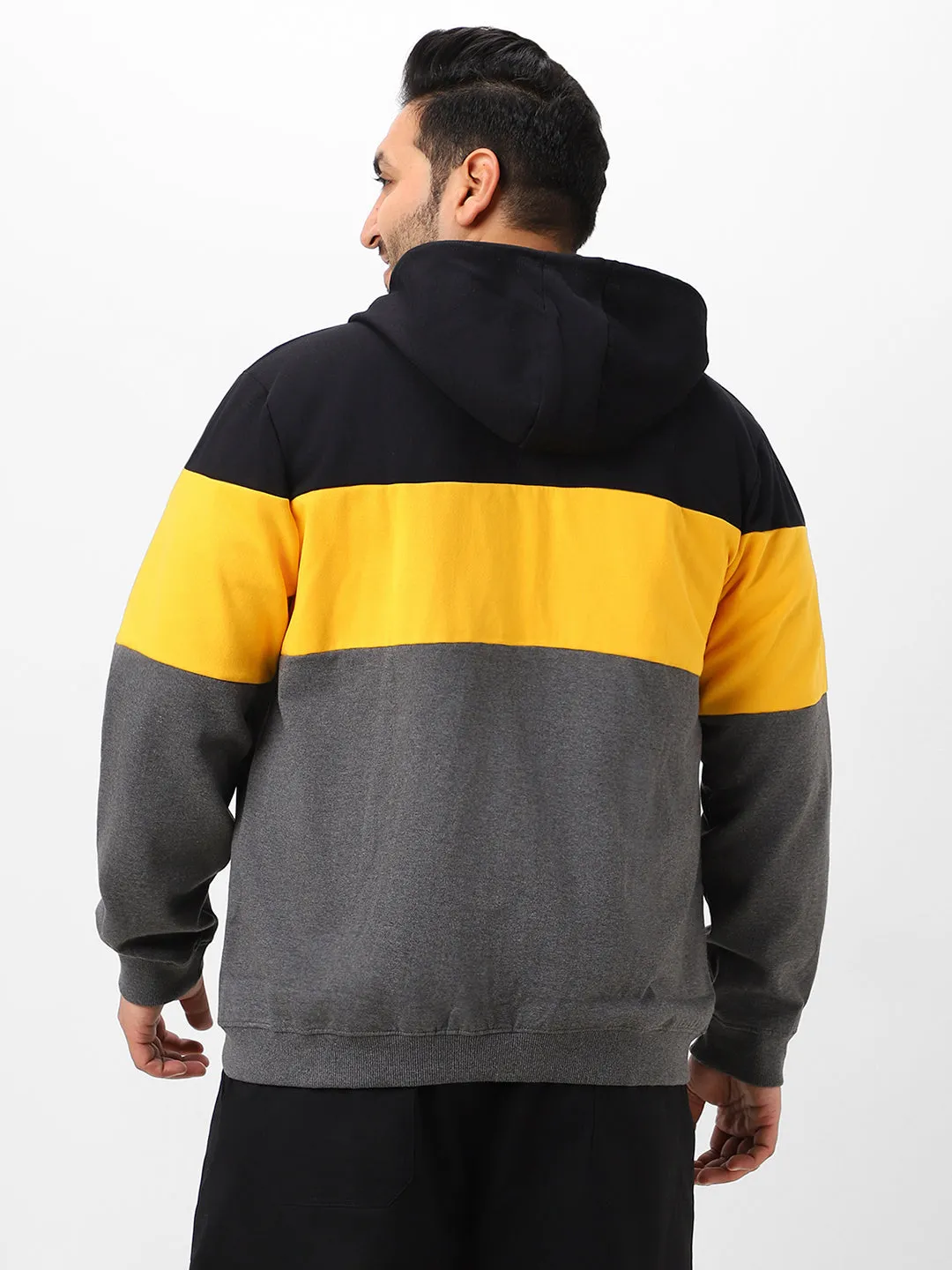 Plus Men's Black, Yellow, Charcoal Cotton Zippered Hooded Casual Winterwear Sweatshirt