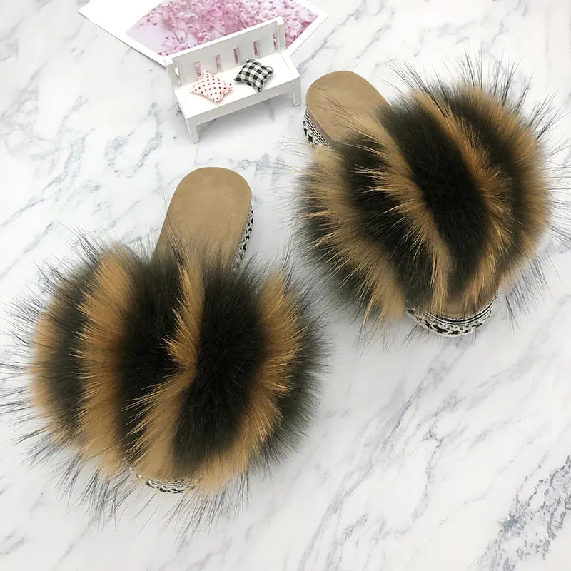 Summer Rivets Platform Real Fluffy Fur Heels House Slippers for Women