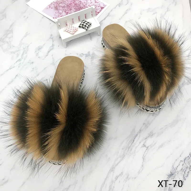 Summer Rivets Platform Real Fluffy Fur Heels House Slippers for Women