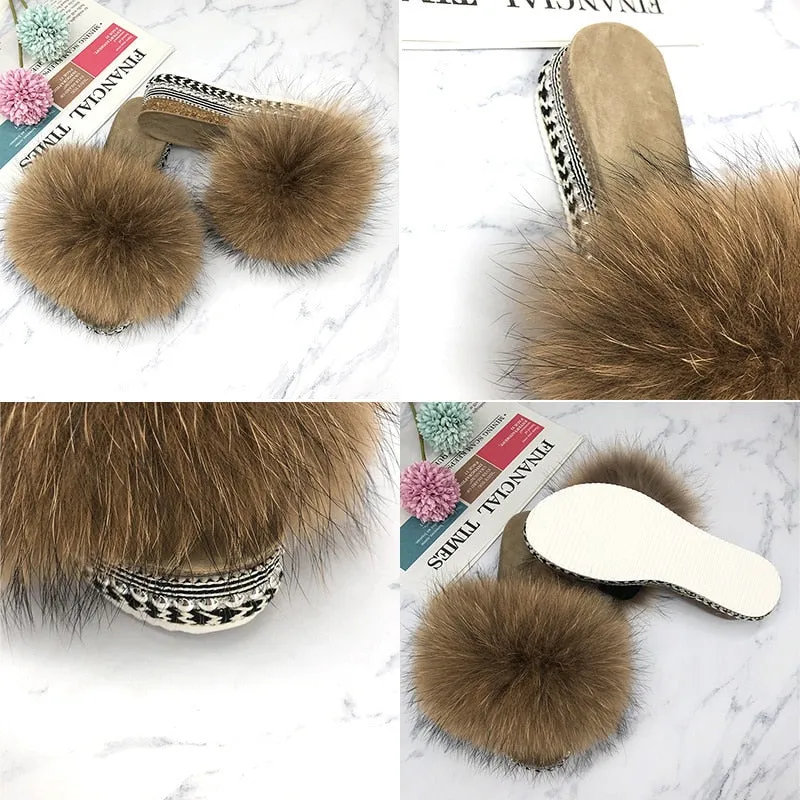 Summer Rivets Platform Real Fluffy Fur Heels House Slippers for Women