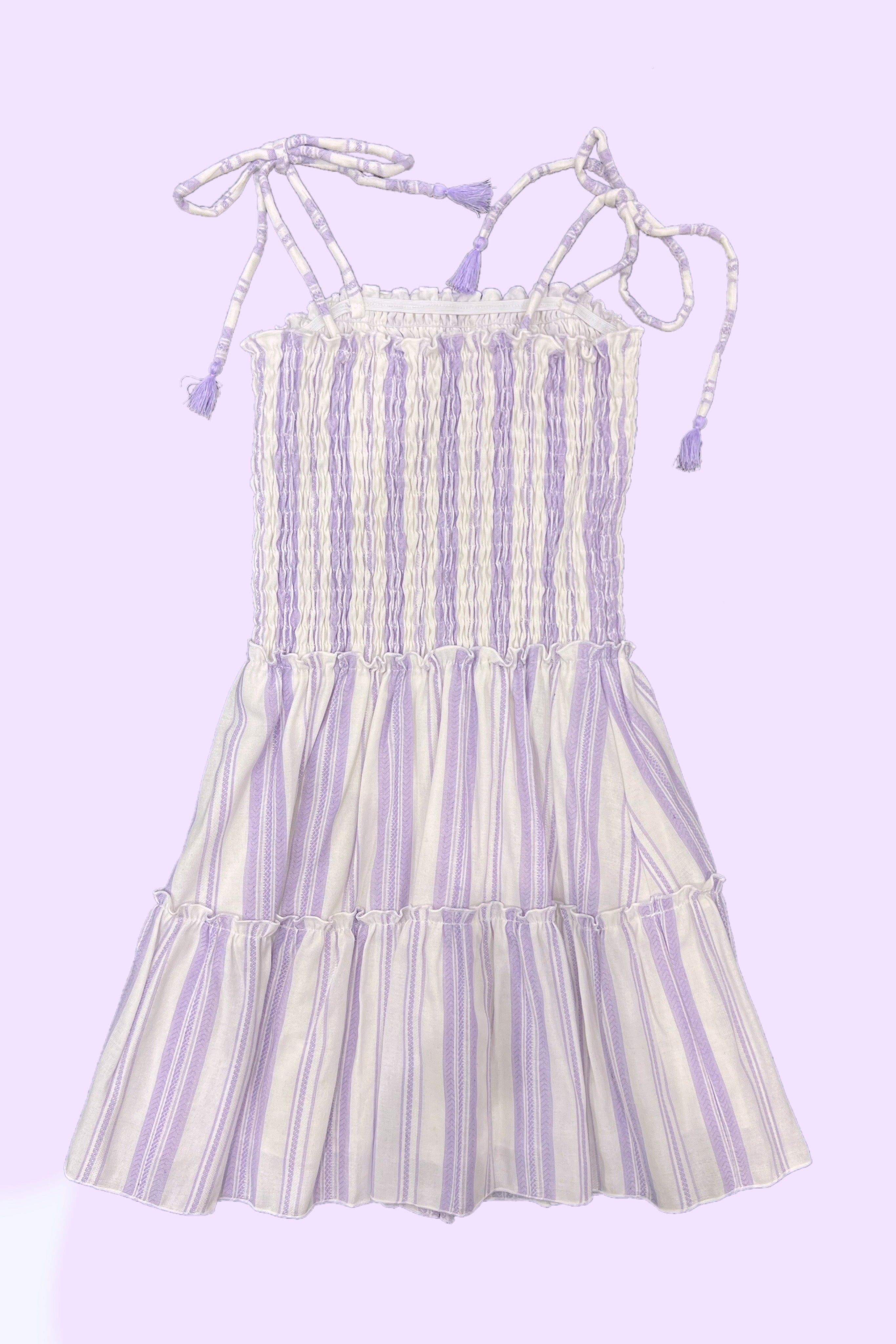 White Lavender Woven Stripe Tie Strap Flowy Dress