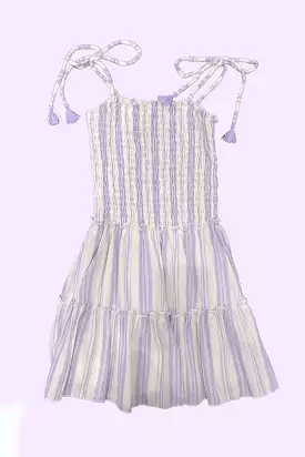 White Lavender Woven Stripe Tie Strap Flowy Dress