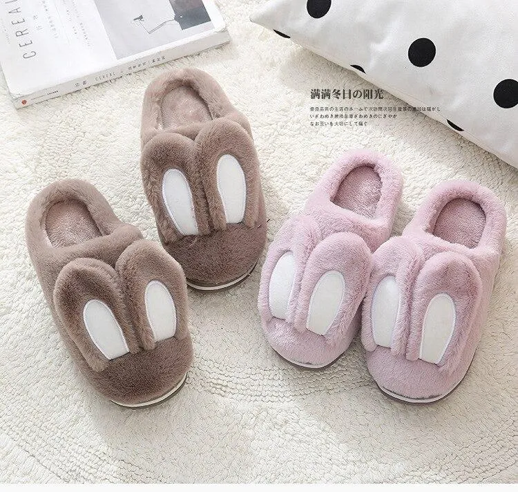 Winter Women's Cute Rabbit Ears Soft Plush Slip-on Comfort House Slippers