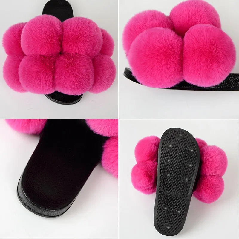 Women's Fluffy Fashion Summer Synthetic Fur Slides Flip Flops Flat Slippers