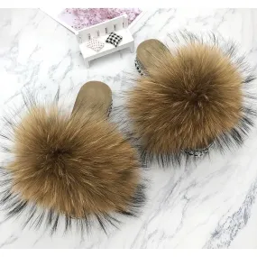 Women's Raccoon Summer Real Fur Rivets Platform Slides House Slippers