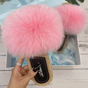 Women's Sexy Summer synthetic Straw Fluffy Fur Flip Flop House Slippers