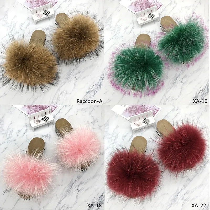 Women's Summer Fluffy Real Fur Rivets Platform House Slippers