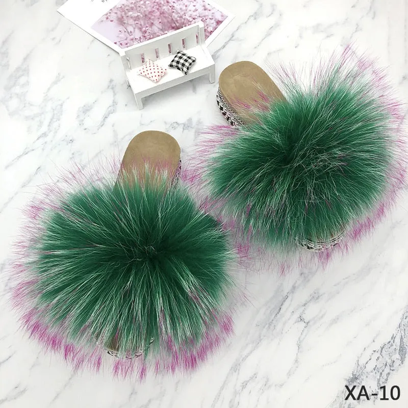 Women's Summer Fluffy Real Fur Rivets Platform House Slippers