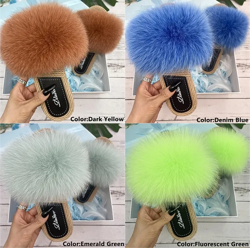 Women's Summer Raccoon Real Fur synthetic Straw Flip Flop House Slippers