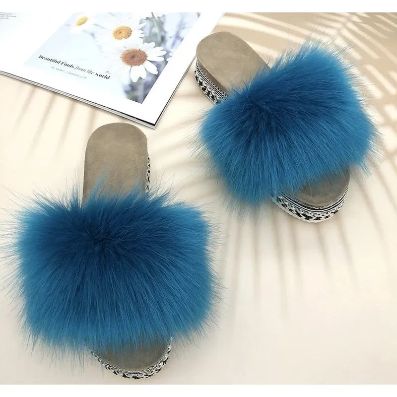 Women's Summer Royal Blue Synthetic Fur Rivet Platform House Slippers