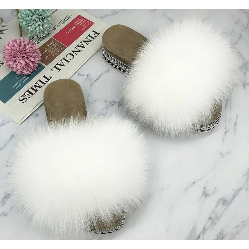 Women's White Color Summer Real Fur Rivets Platform House Slippers