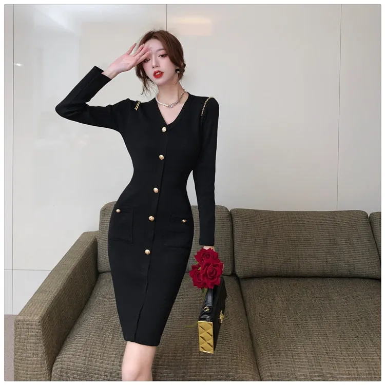 Women's Winter Vintage Style V-Neck Knee-Length Button Bodycon Dress