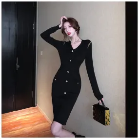 Women's Winter Vintage Style V-Neck Knee-Length Button Bodycon Dress